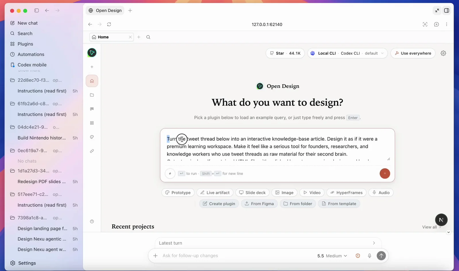 The NEXGERCORE desktop app home screen titled 'What do you want to design?', with a plugin picker and Codex selected as the agent, no terminal required.