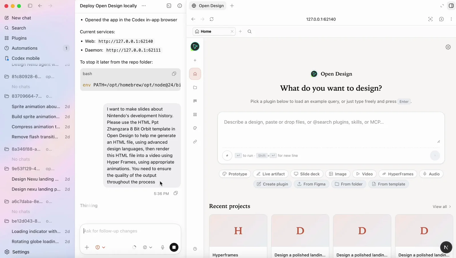 Split screen: the Codex CLI reporting that it deployed and opened NEXGERCORE locally, next to NEXGERCORE's home screen running in Codex's in-app browser.