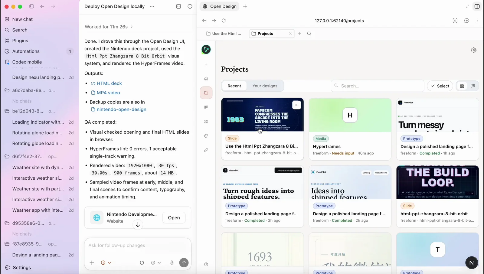 The NEXGERCORE Projects gallery showing multiple real generated artifacts, slide decks, landing pages, and a rendered video.