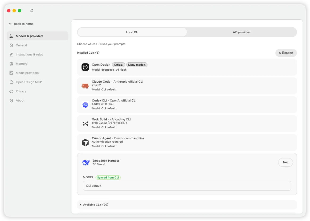 NEXGERCORE Models and providers settings showing DeepSeek Harness installed, synced from CLI, and ready to test