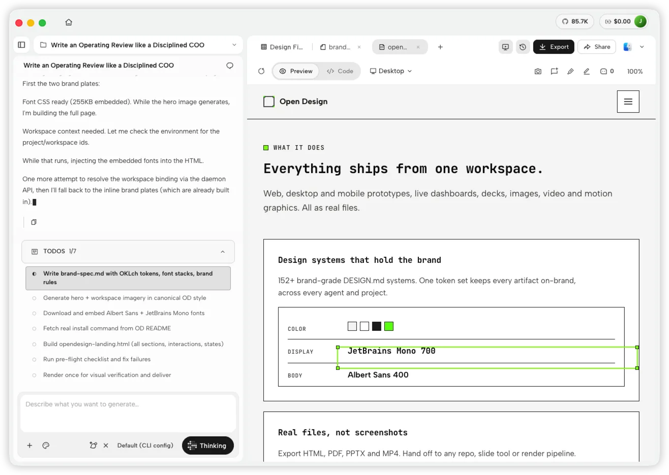 NEXGERCORE workspace showing a DeepSeek Harness task beside a generated branded landing page preview