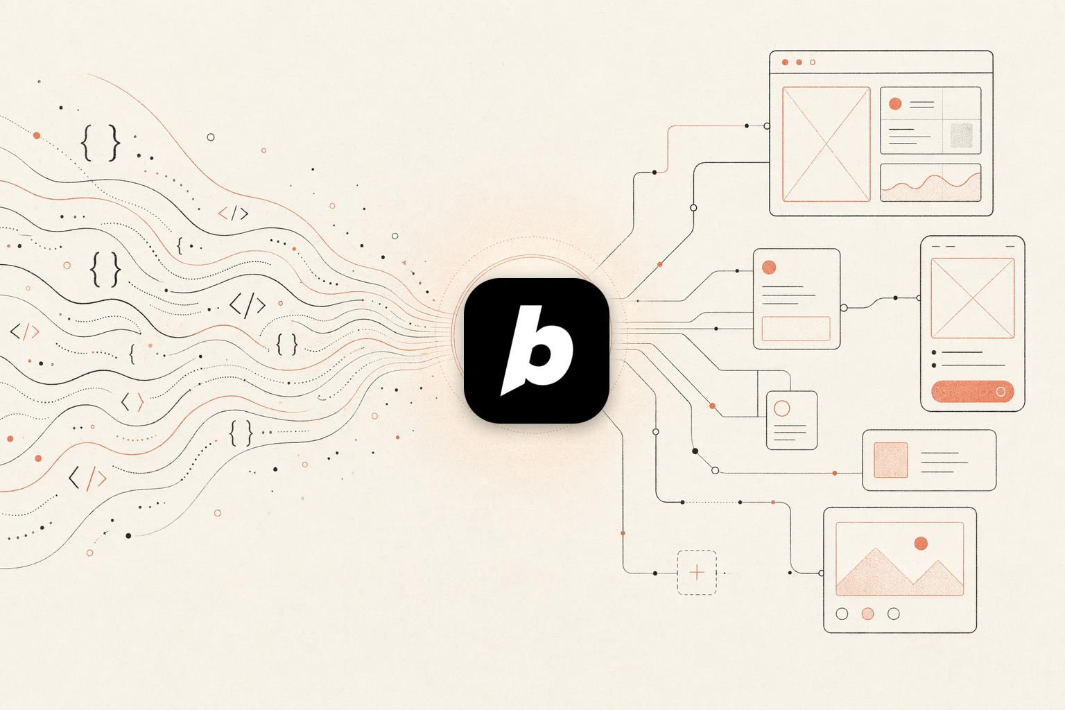 NEXGERCORE vs Bolt — warm-paper editorial illustration of code converging into a design hub