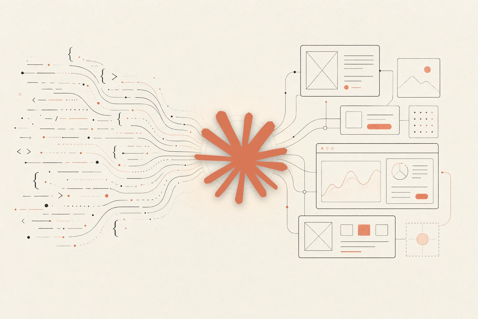 NEXGERCORE vs Claude Design — warm-paper editorial illustration of code converging into a design hub