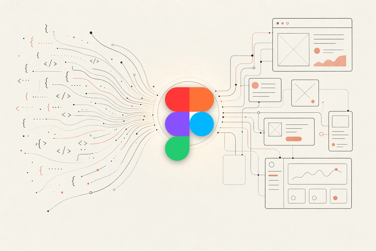 NEXGERCORE vs Figma — warm-paper editorial illustration of code converging into a design hub