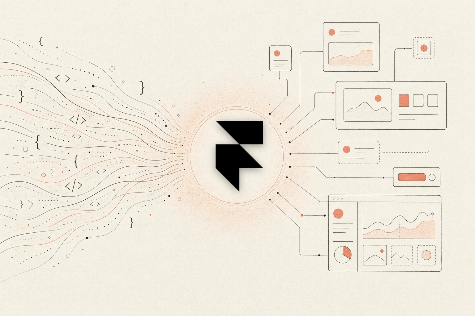 NEXGERCORE vs Framer — warm-paper editorial illustration of code converging into a design hub