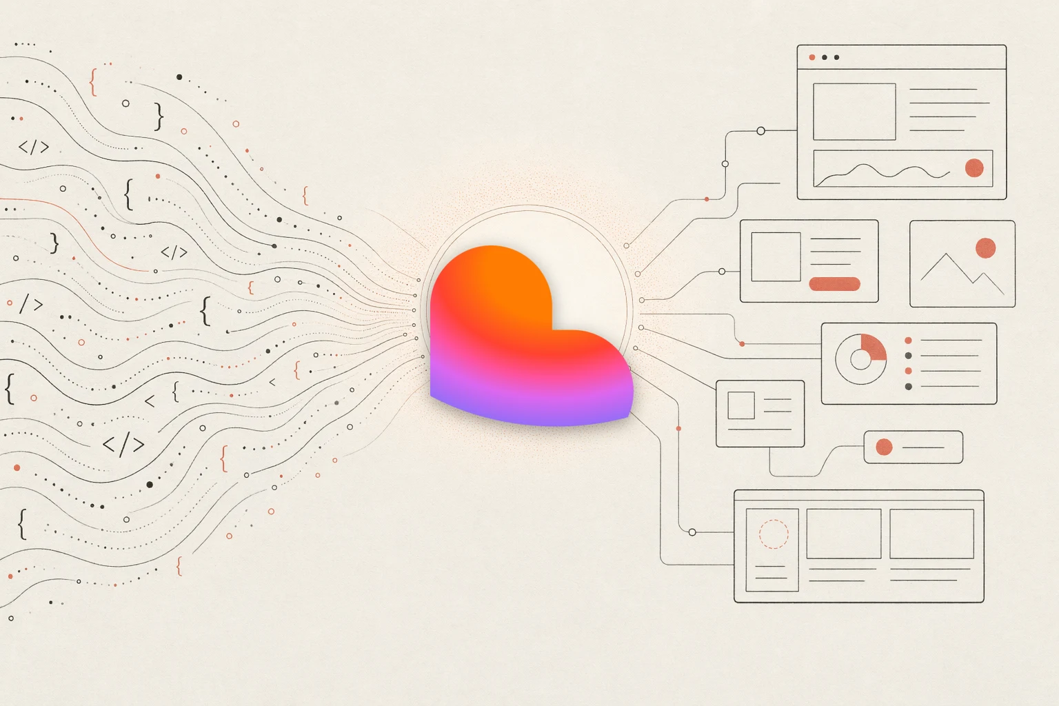 NEXGERCORE vs Lovable — warm-paper editorial illustration of code converging into a design hub