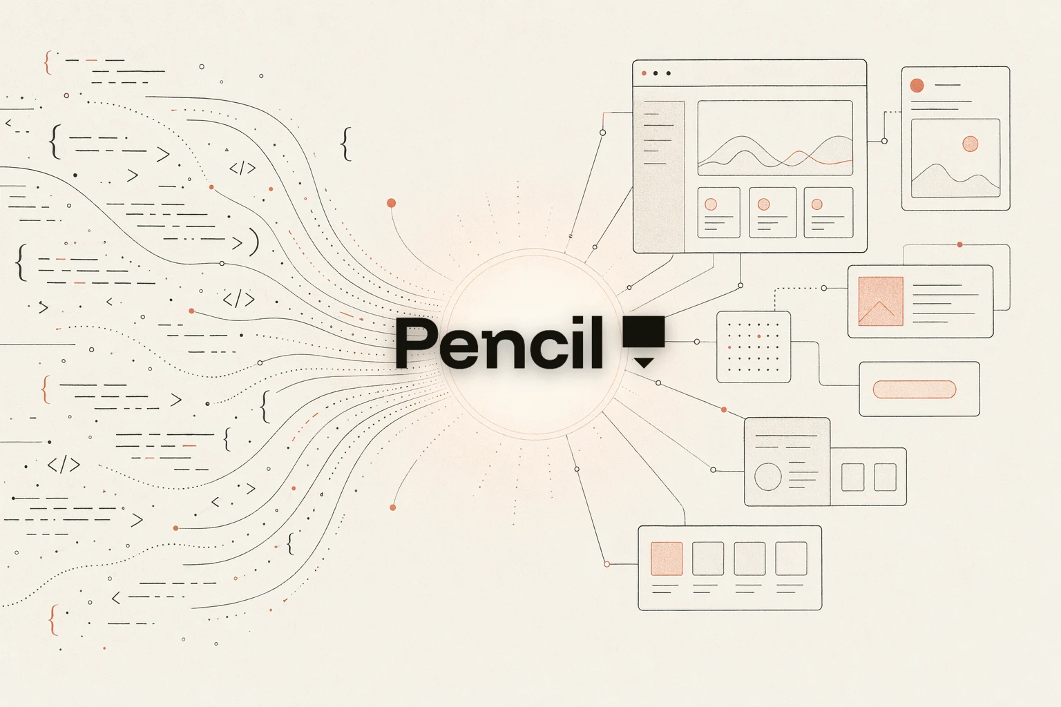 NEXGERCORE vs Pencil.dev — warm-paper editorial illustration of a design canvas converging into a repo of files you own