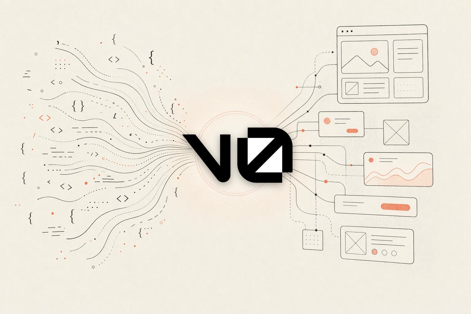 NEXGERCORE vs v0 — warm-paper editorial illustration of code converging into a design hub