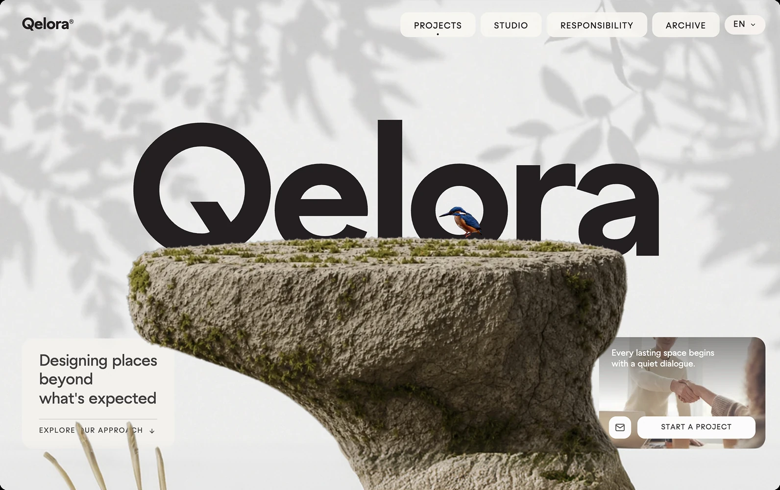 Real web prototype generated with NEXGERCORE, showing the responsive Qelora project homepage