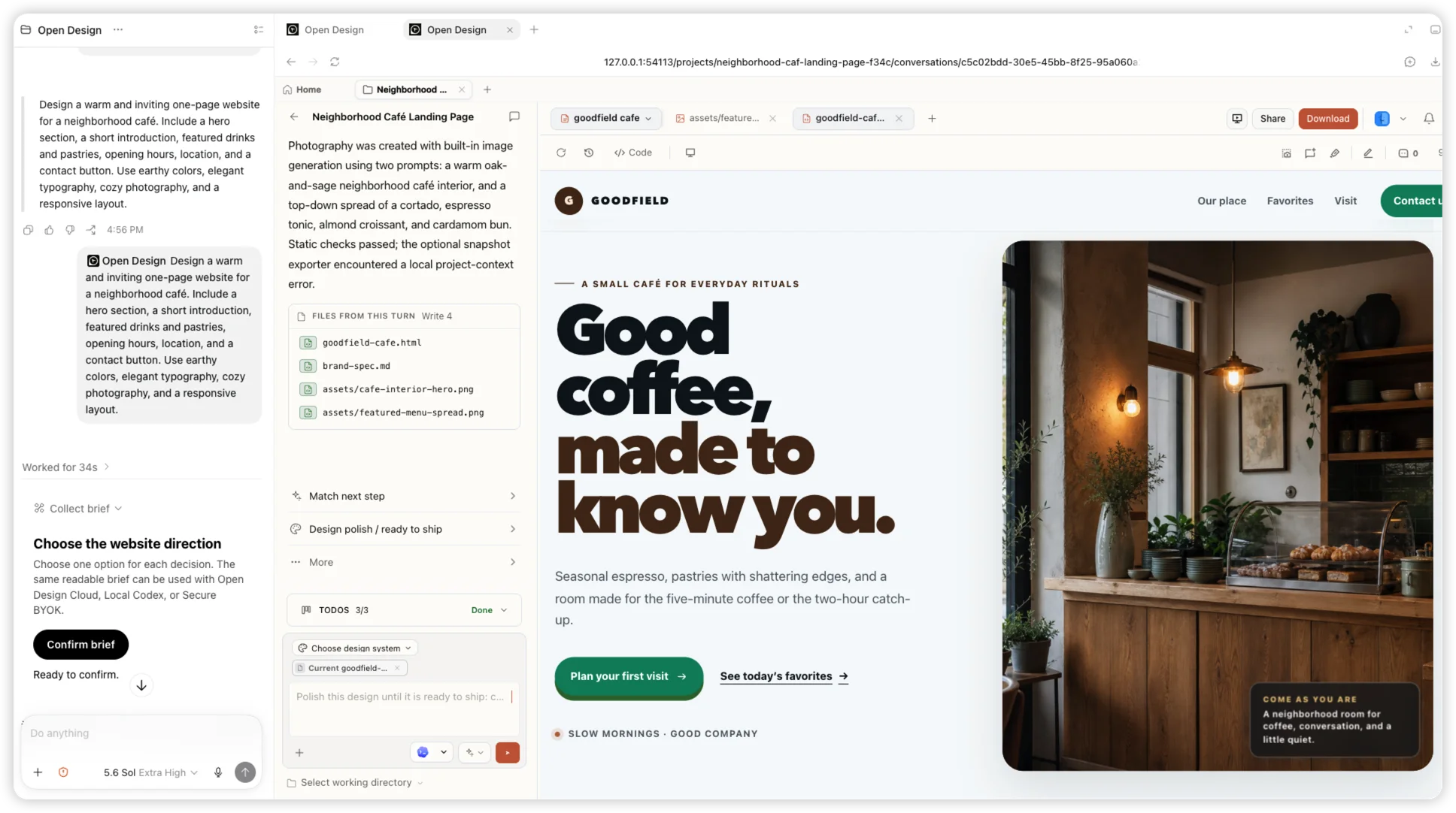 A real Codex task using the NEXGERCORE plugin alongside the finished Goodfield cafe website