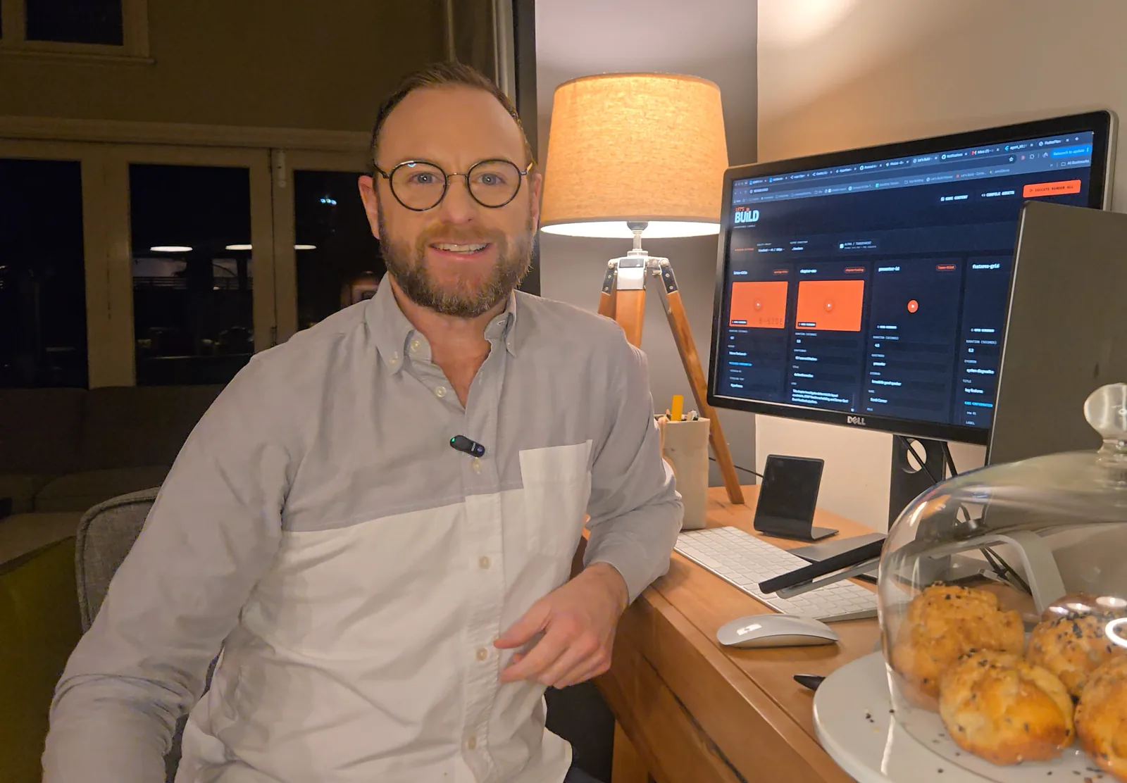 Stuart Gardoll at his Let's Build desk, the NEXGERCORE motion editor on screen